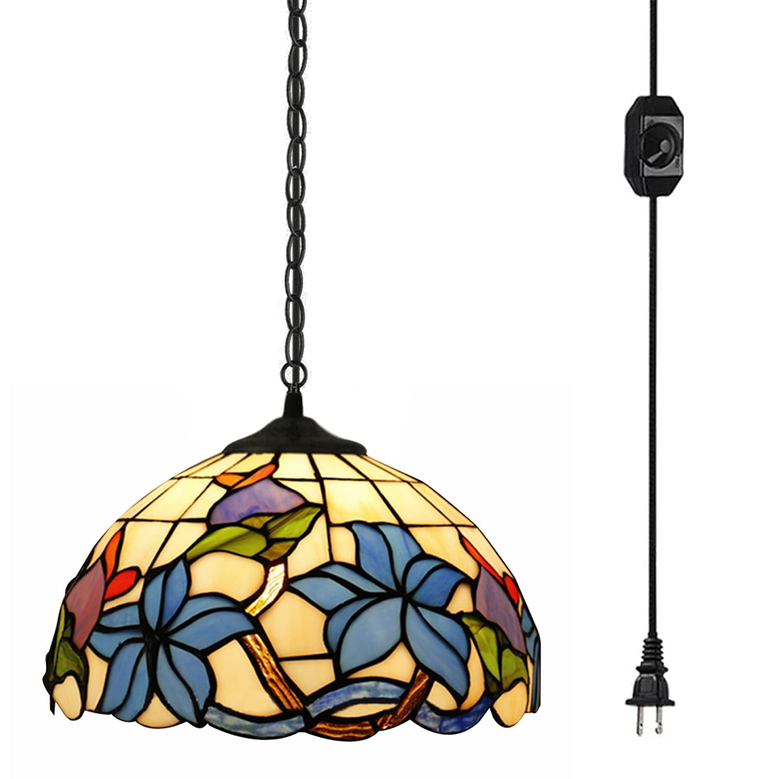 FSLiving Remote Control Plug-in Pendant Hanging Light with 15FT Cord Tiffany Handmade Stained Glass Shade Dimmable & Color Changing for Bedroom Kitchen Living Room Dining Table - 1 Pack FSLiving Remote Control Plug-in Pendant Hanging Light with 15FT Cord Tiffany Handmade Stained Glass Shade Dimmable & Color Changing for Bedroom Kitchen Living Room Dining Table - 1 Pack