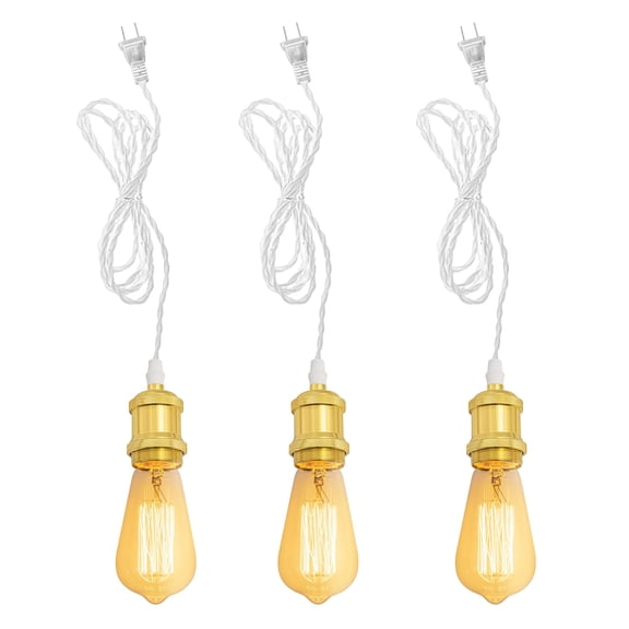 Kiven Vintage Dimmable Pendant Light Plug in, Industrial Hanging Light Fixture with 15FT Twisted Cord, E26 Socket Pendant Light for Bedroom Hallway Kitchen,Shining Gold(3 Pack) Bulb NOT Included