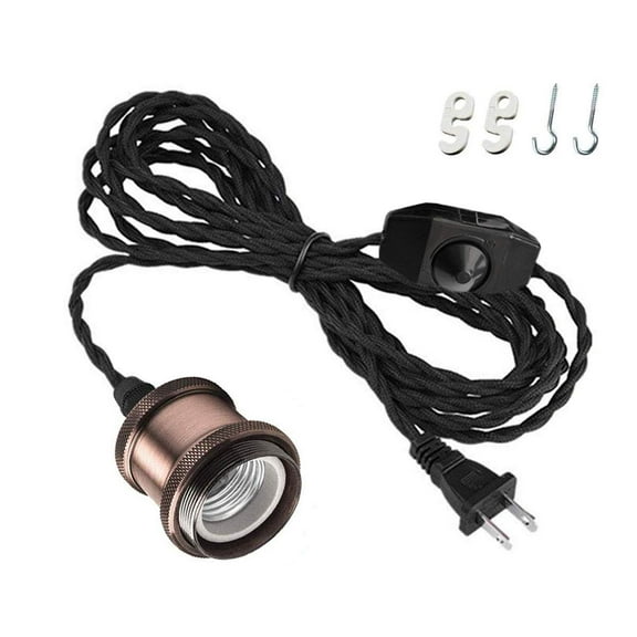 Kiven Vintage Metal Light Sockets Pendant Hanging Light Cord Kit Plug-in Light Fixture with Dimmer Switch E26 Base Retro 14.7 Foot Twisted Black Textile Cord for Industrial Light Fixture in Basement,