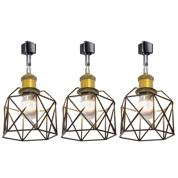 Kiven Vintage Wire Cage Track Lighting Heads, Anti Glare J Type Track Lighting Pendant, Industrial Black Metal Caged Track Rail Light Fixture, 3-Light