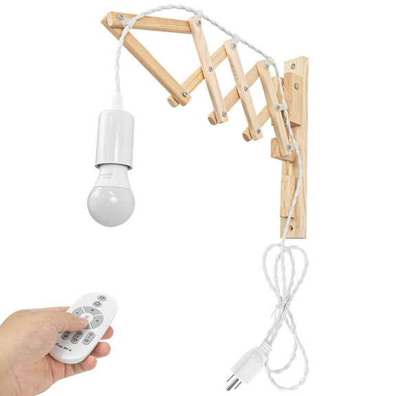 Kiven Wall Mounted Reading Light with Adjustable Swing Arm, Dimmable Bedside Headboard Lights with Remote Control, Farmhouse Plug in Wall Lamp for Bedroom Reading Home Decor Plant,Wooden Color