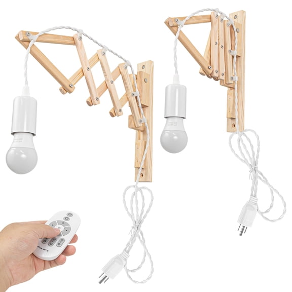 Kiven Wall Mounted Reading Light with Adjustable Swing Arm,Set of 2 Dimmable Bedside Headboard Lights with Remote Control, Farmhouse Plug in Wall Lamp for Bedroom Reading Home Decor Plant,Wooden Color