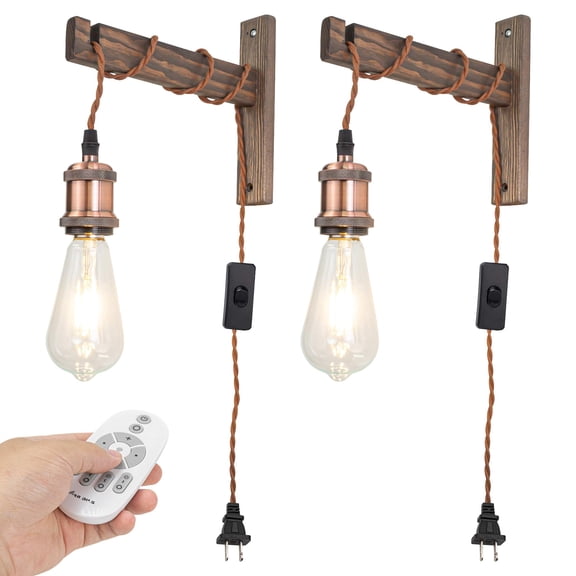 Kiven Wall Mounted Reading Light with Adjustable Swing Arm,Set of 2 Dimmable Bedside Headboard Lights with Remote Control, Farmhouse Plug in Wall Lamp for Bedroom Reading Home Decor Plant,Brown