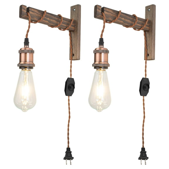 Kiven Wall Mounted Reading Light,Set of 2 Dimmable Bedside Headboard Lights with Adjustable Swing Arm, Farmhouse Plug in Wall Lamp for Bedroom Reading Home Decor Plant,Brown