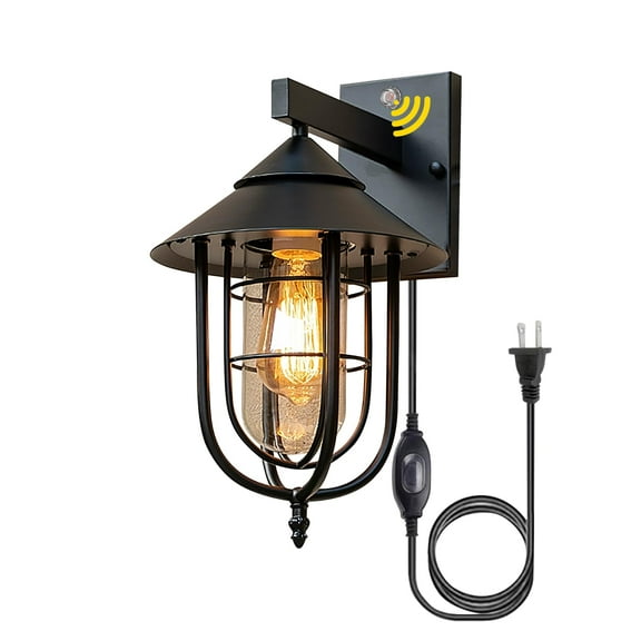 Kiven Waterproof Exterior Outdoor/Indoor Wall Light, Plug-in Black Wall Mount Lantern Light , Dusk-to-Dawn,Industrial Porch light for House, Garage, Patio E26 Socket BD3151