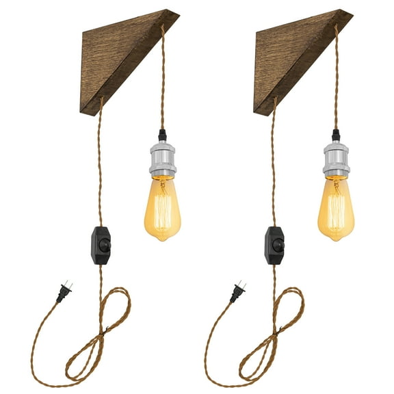 Kiven Wooden Wall Lamp with 15FT UL Plug in Cord and Dimmer Switch, Vintage Dimmable Corner Lamp, Adjustable Hanging Light for Kitchen Reading Makeup Bedside E26 Socket(Gold)Set of 2