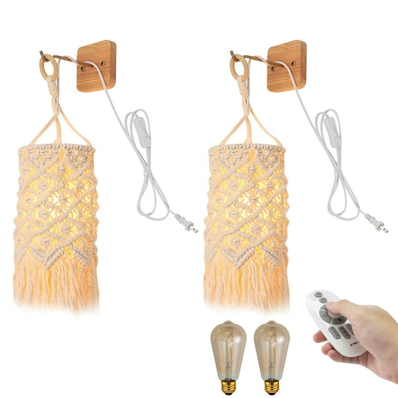 Kiven wall lamp with plug in cord and Remote, Bohemian Style Wall Sconces with ON/OFF Switch Indoor,Dimmable Plug in Wall Sconce for Dark Corner, Bathroom, Wall Decor,Bedroom,Set of 2