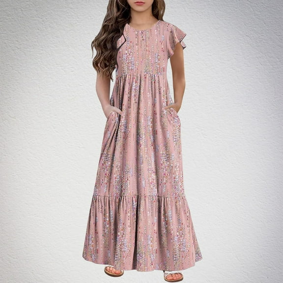 Kiviey Dress for Girls Ruffle Cap Sleeve Maxi Dress with Pockets Vacation Beach Dress Size 10-11