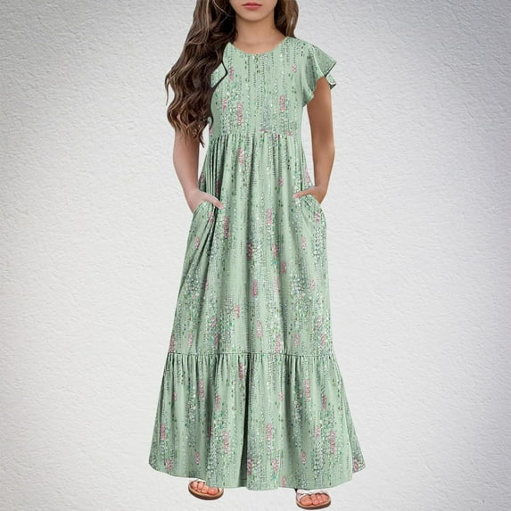 Kiviey Girls Summer Dress Ruffle Cap Sleeve Maxi Dress with Pockets Vacation Beach Dress Size 8-9