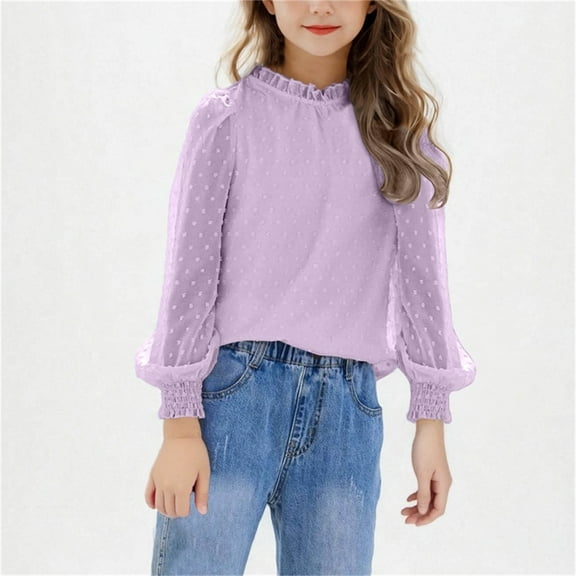 Kiviey Long Sleeve Shirts for Girls Chiffon Blouses Swiss Dot Crew Neck Loose Cute Top Size 12-13