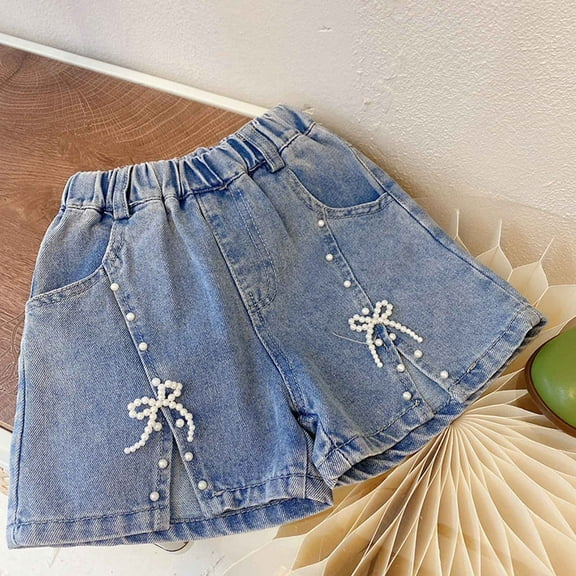 Kiviey Shorts for Girls Denim Shorts Cute Overalls Shorts Elastic Waisted Bow Solid Pants Size 2T-12Y