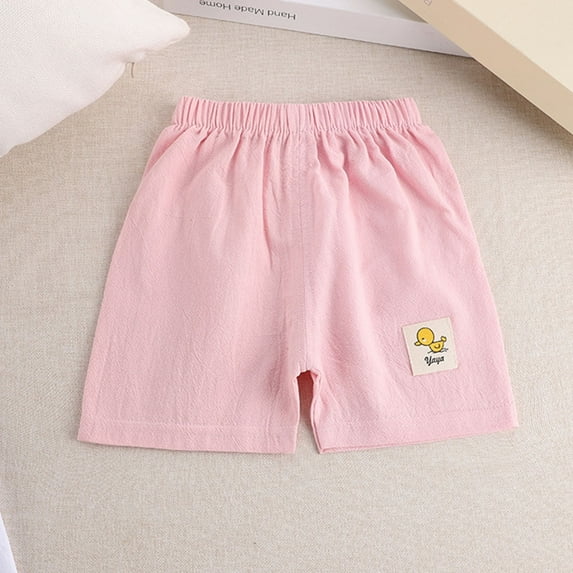 Kiviey Summer Shorts for Girls Cotton Linen Denim Shorts Cute Casual Overalls Shorts Elastic Waisted Print Pants Size 12M-6Y