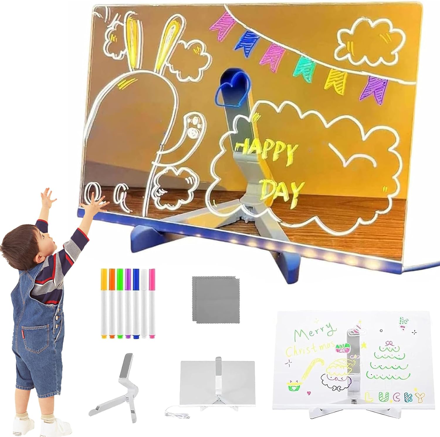 Tableau Lumineux Hello Luno - Tableau LED Effaçable, Avec 12 Stylos, Support Réglable, Pour Dessin, Notes