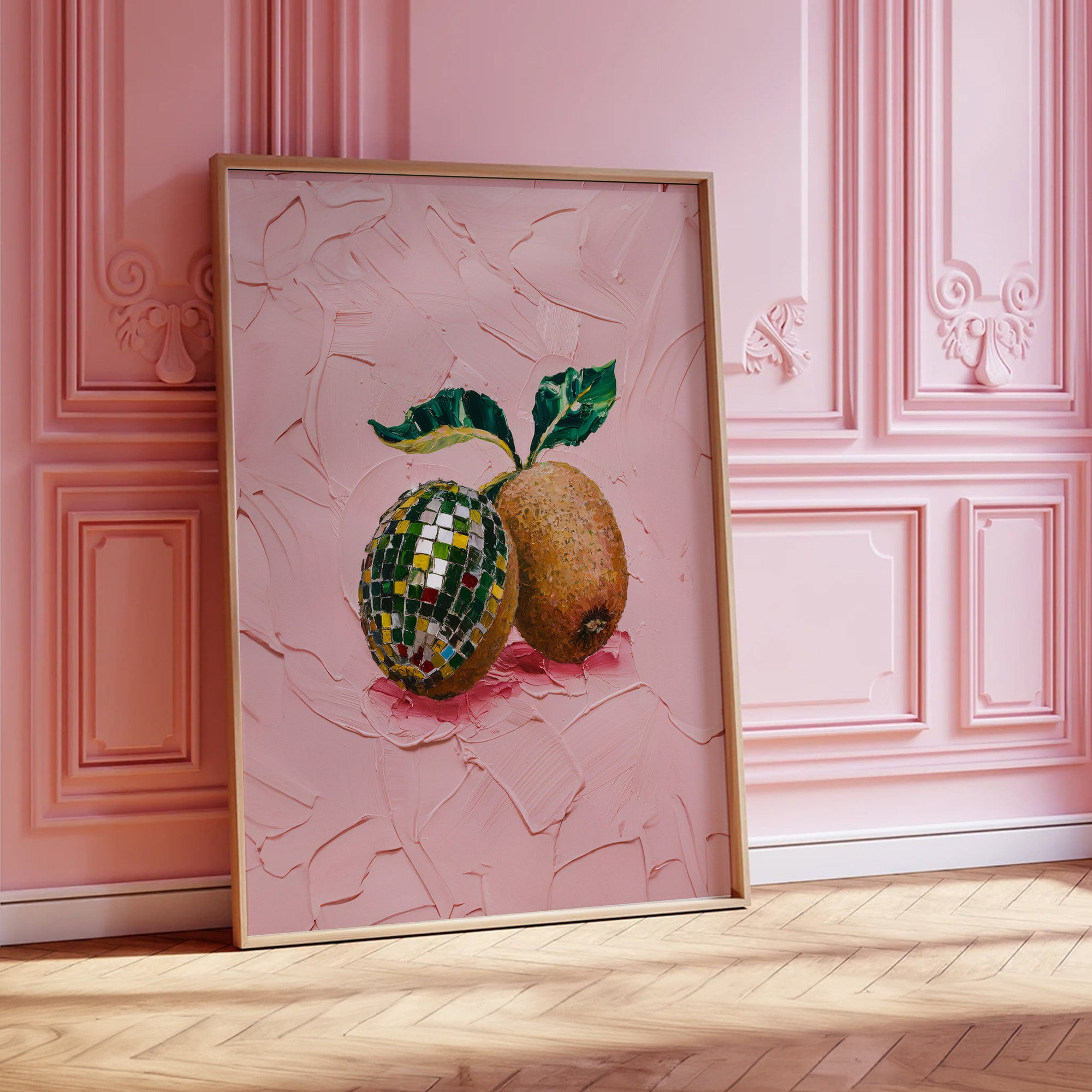 Kiwi Disco Ball Art, Pink Green Wall Decor, Kitchen Art, Modern