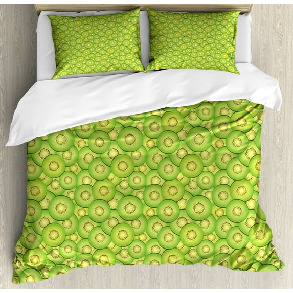 Kiwi Duvet Cover Set, Illustration of Continuous Pattern with Exotic Fruit Slices, Decorative 3 Piece Bedding Set with 2 Pillow Shams, Queen Size, Lime Green Pastel Yellow, by Ambesonne