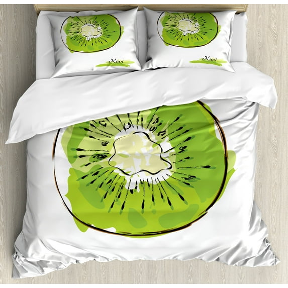 Kiwi Duvet Cover Set, Illustration of Exotic Fruit Halved Round Slice, Decorative 3 Piece Bedding Set with 2 Pillow Shams, King Size, Lime Green Yellow, by Ambesonne
