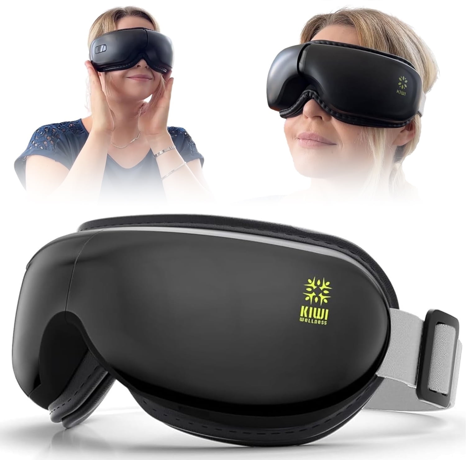 Kiwi Eye Massager with Heat and Pulse, Five Massaging Modes with Bluetooth Music, Black, Ideal as a Gift for Women and Men.