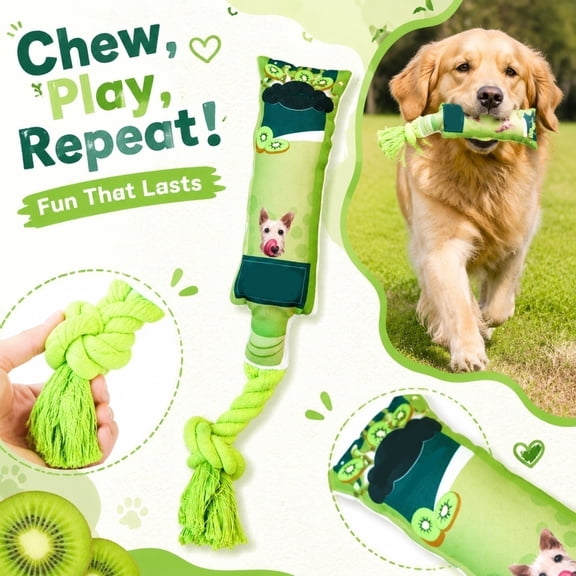 Kiwi Fruit Flavor Squeaky Rope Dog Toy, Durable Teeth Cleaning Interactive Plaything For Small Medium Large Breeds Chewers Puppies 1 Pack