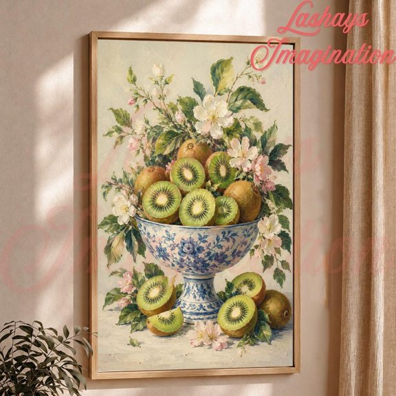 Kiwi Fruit In Blue And White Chinoiserie Wall Art Print, Vintage Botanical Kitchen Decor