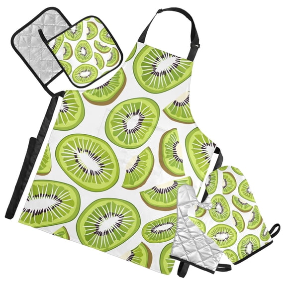 Kiwi Fruit Slice 5 Pcs Kitchen Set Heat Resistant Oven Mitts and Non-Slip Pot Holders with Adjustable Cooking Apron