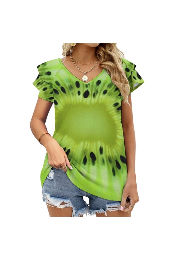Kiwi Lotus Leaf Neck T-Shirt Long Sleeve Printed Fall T Shirts Women Spring Tee Tops Kiwi Fruit Green Food Nature Eating