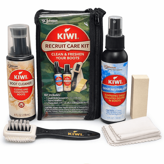 KIWI Military Recruit Boot Care Kit Complete Shoe Cleaning & Odor Neutralizer Set with Brush, Cloth & Polish Tools