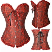 Kiwi-Rata Women's Floral Lace Trim Corset Boned Plus Size Overbust Waist Training Corset Bustier Shaper Top Dark Red L