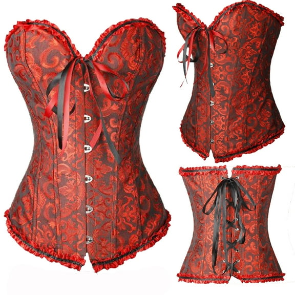 Kiwi-Rata Women's Floral Lace Trim Corset Boned Plus Size Overbust Waist Training Corset Bustier Shaper Top Dark Red L