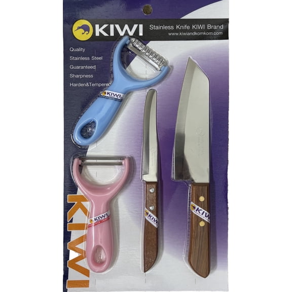Kiwi Stainless Steel Knife Set (Pro Peeler, Peeler, Pearing Knife and Kitchen Knife), 4 Piece Total