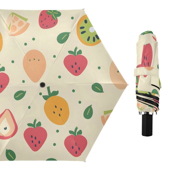 Kiwi Strawberries Melons Leaves All Weather Umbrella Triple Folding Parasol 6 Ribs UV Protection Portable
