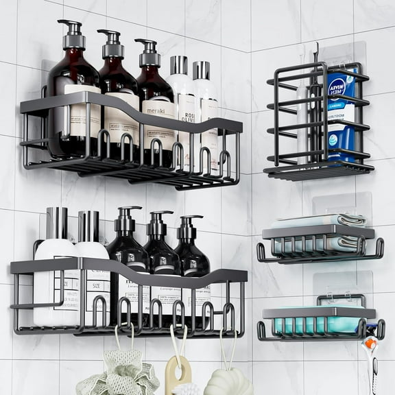 Kiwi Wellness Stainless Steel Shower Caddy, 5 Shelves, Kitchen Organizer, No Drilling with Strong Adhesive Mount, Rustproof, Black.