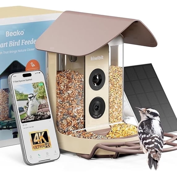 Kiwibit Smart Bird Feeder Camera, Solar Powered 4K WiFi Outdoor Feeder with AI Bird Identification and Real-Time Alerts, Autumn Clay