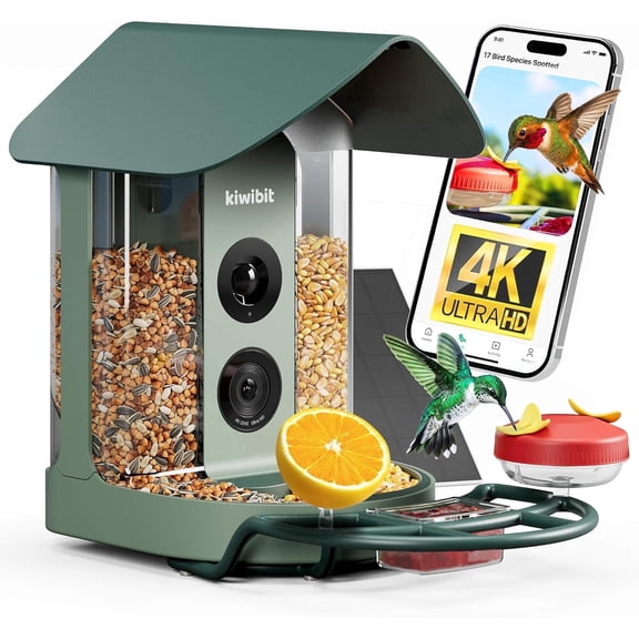 Kiwibit Smart Bird Feeder with 4K AI Camera Solar Powered Hummingbird Feeder Kit Included, Ideal Gifts for Bird Lovers, Green