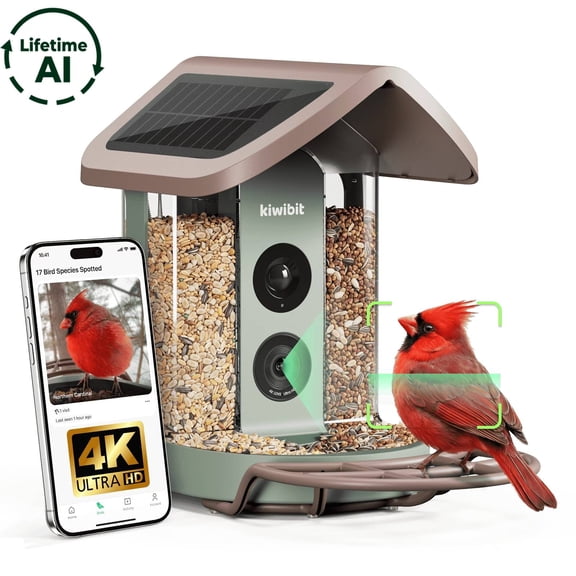 Kiwibit Solar Smart Bird Feeder with Camera, 8MP 4K UHD Video, Long Battery Life, AI Identify 10000+ Species, No Subscription,Ideal Gifts for Bird Lovers, Green