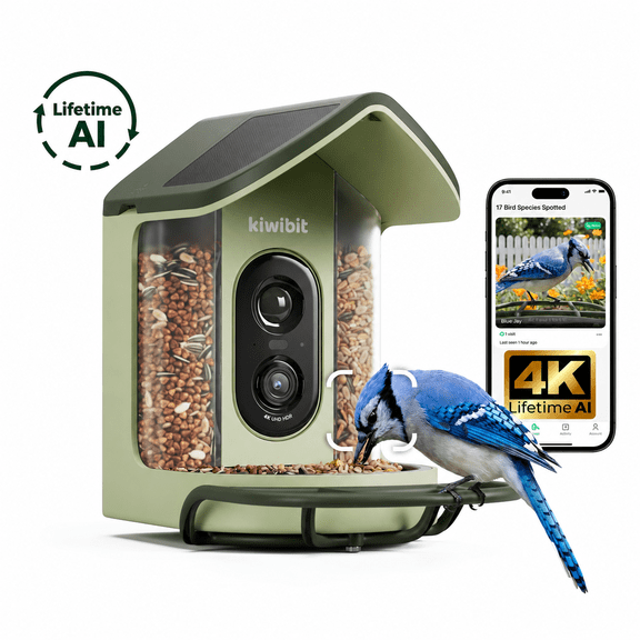 Kiwibit Solar Smart Bird Feeder Mini with Camera, 4K HDR, AI Identifies 10000+ Species, No Subscription, 1080P Slow Motion, Easy Setup,Green