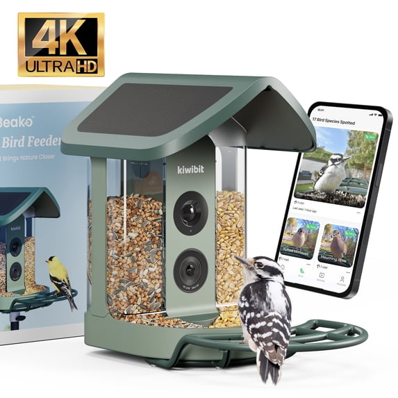 Kiwibit Solar Smart Bird Feeder with Camera, 8MP 4K UHD Video, Long Battery Life, AI Identify 10000+ Species, Ideal Gifts for Bird Lovers, Green