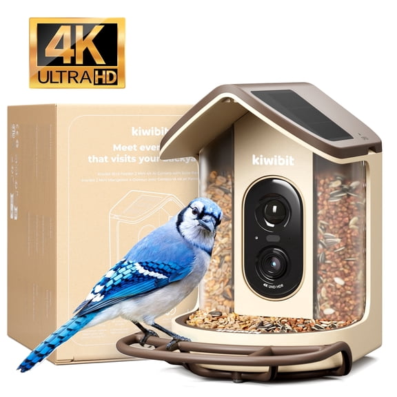 Kiwibit Solar Smart Bird Feeder with Camera Mini, 4K Hdr, AI Identification, Wireless WiFi, Outdoor, Brown, Bird Watching Gifts