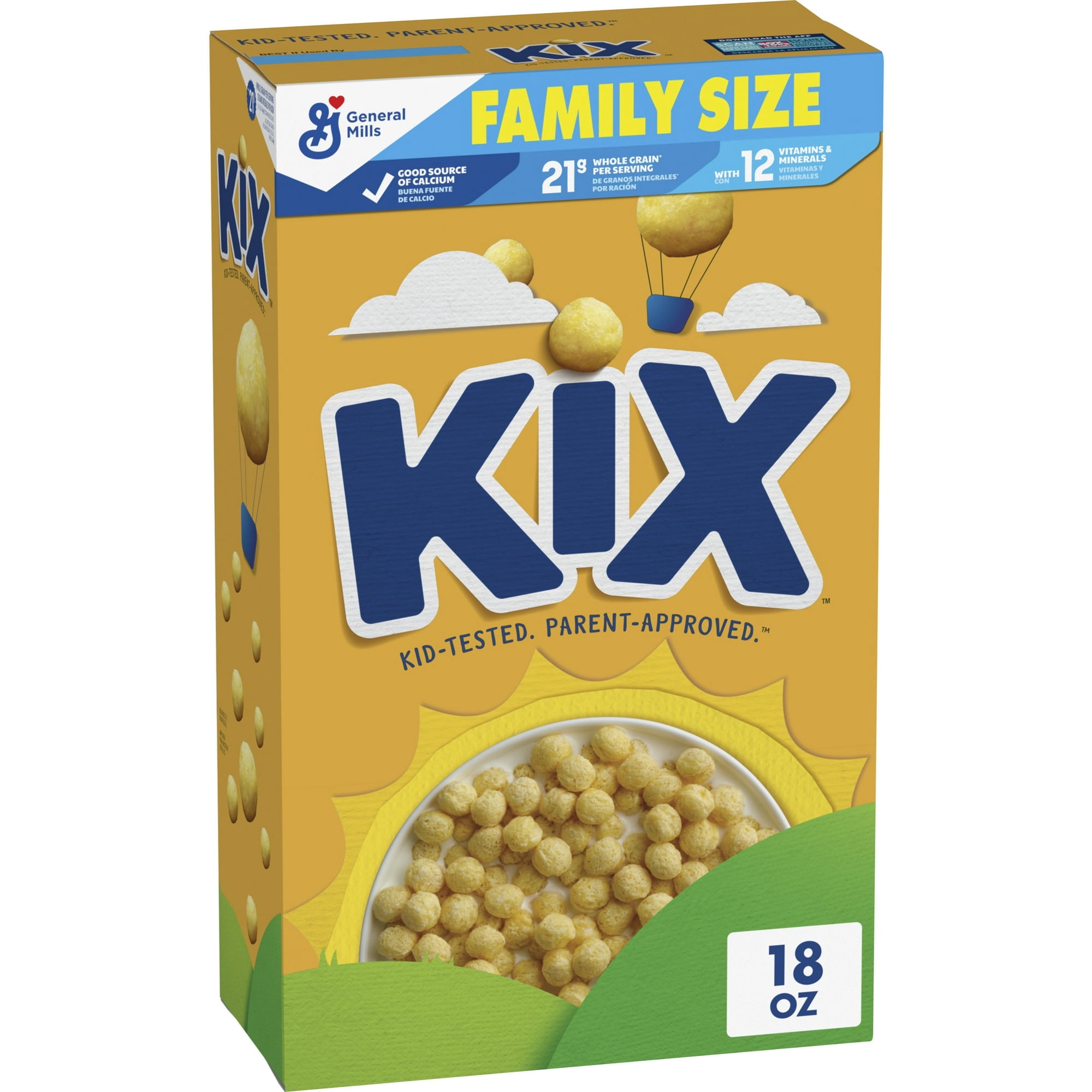 Kix Whole Grain Breakfast Cereal, Crispy Corn Cereal Puffs, Family Size, 18 oz (Pack 4)