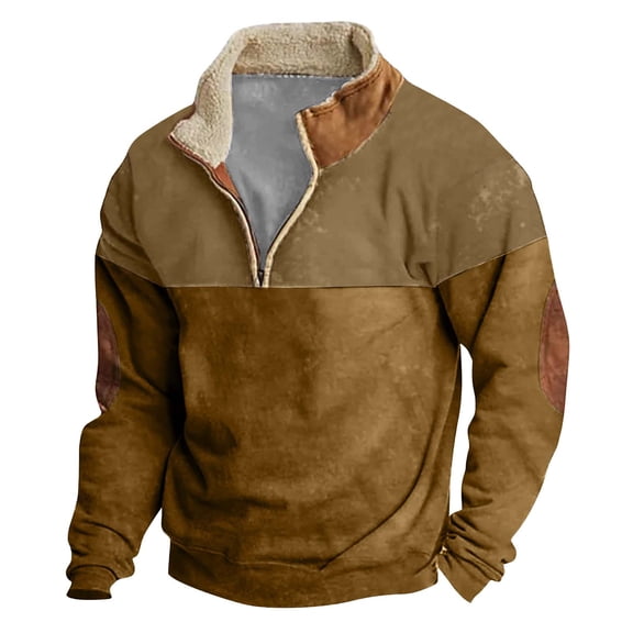 Kixjoy 1/4 Zip Pullover Mens Long Sleeve Fleece Lined Mock Neck Sweatshirt Big and Tall Fall Casual Pullover Thermal Vintage Relaxed Fit Sweatshirts for Men, Light Brown 4XL