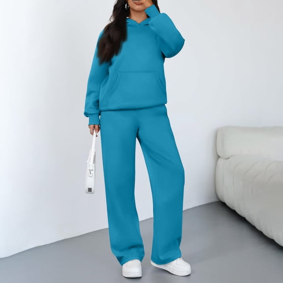 Kixjoy 2 Piece Sets for Women Oversized Wide Leg Pant 2 Piece Long Sleeve Workout Fashion Sweatsuit Basic Thermal Fall Outfits for Women with pockets, Royal Blue XL