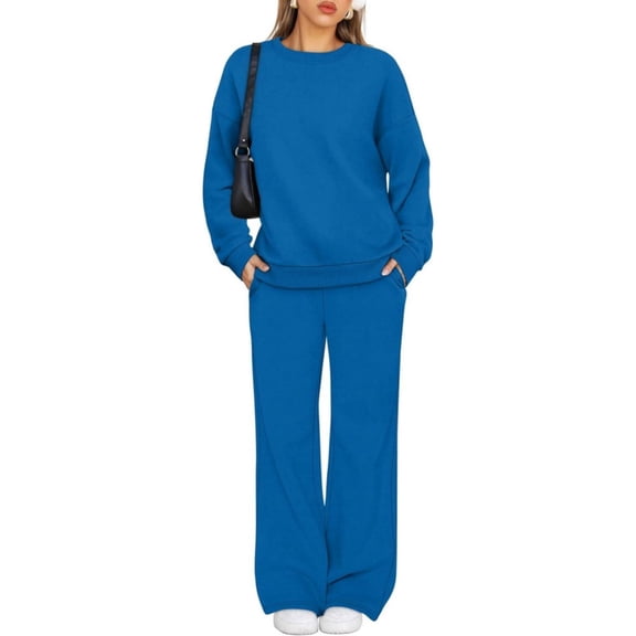 Kixjoy 2 Piece Sets for Women Plus Size Crewneck Sweatshirts and Pants Sets Long Sleeve Workout Casual Sweatsuit Plain Warm Fall Outfits for Women, Blue XL