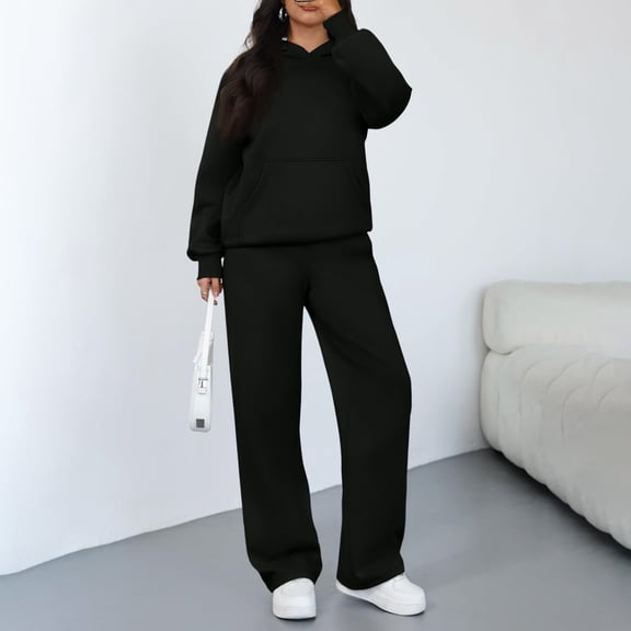 Kixjoy 2 Piece Sets for Women Plus Size Hoodies and Pants Sets Long Sleeve Workout Fashion Sweatsuit Plain Thermal Fall Womens Clothing with pockets, Black XL