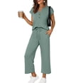thumbnail image 1 of Kixjoy 2 Piece Sets for Women Plus Size V Neck Tops and Pants 2 Piece Short Sleeve Athletic Fashion Sweatsuits Basic Vacation Spring Loungewear Sets Woman, Green L, 1 of 7