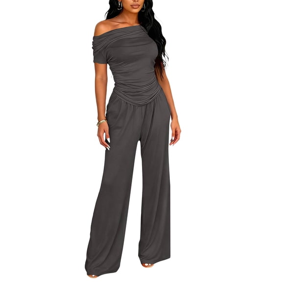 Kixjoy 2 Piece Sets for Women Off Shoulder Tops and Pants Sets High Waisted Workout Fashion Sweatsuit Basic Cozy Fall Womens Clothing, Dark Gray M