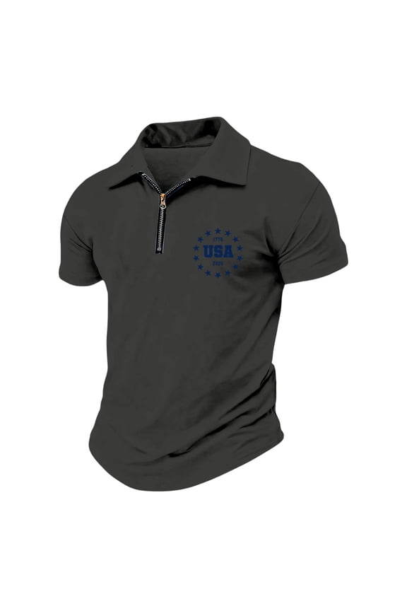 250 Anniversary Usa Shirt Short Sleeve Quarter Zip Collared T-Shirt Lounge American Flag Print Tshirts Cozy Lightweight Patriotic Tee, Black M