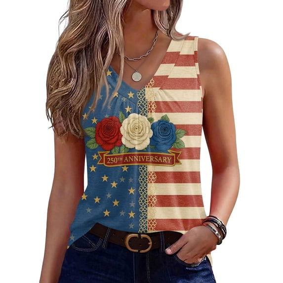Kixjoy 250 Anniversary Usa Tank Tops Sleeveless Beach Tank Top Basic Loose Fit Pleated Shirt Trendy Lounge Cozy Womens Summer Tops, Blue M