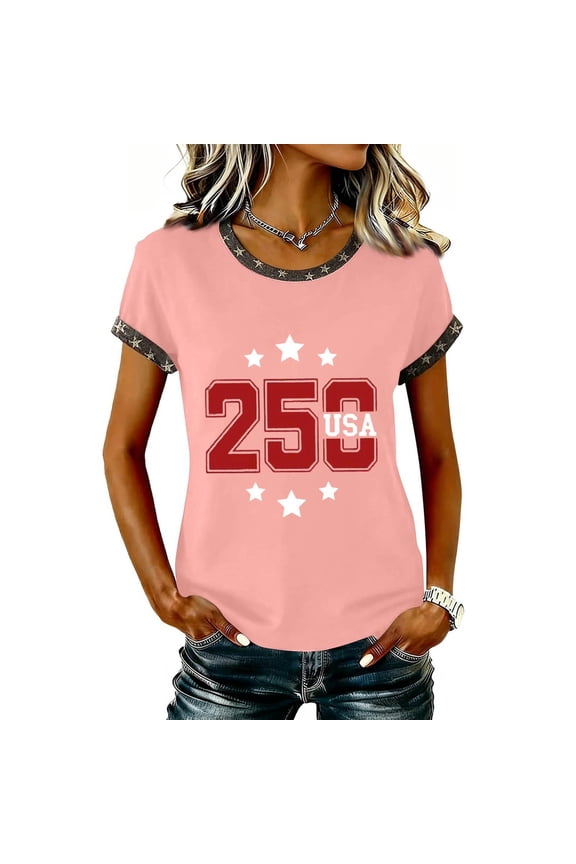 250th Anniversary Usa Shirt T Shirts For Women Fashion Graphic Tees 4Th Of July Crew Neck American Flag Button Short Sleeve Independence Summer T Shirt, Pink M