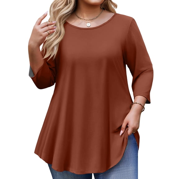 Kixjoy 3/4 Length Sleeve Womens Tops Plus Size Fashion Crewneck Shirt Loose Fit Work Soild Tunic Tops Casual Wear with Leggings Fall Outfits for Women, Brown 4XL