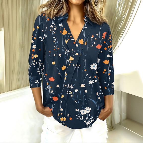 Kixjoy 3/4 Length Sleeve Womens Tops V Neck Cozy Lightweight Tops Floral Print Lounge Collared Shirt Summer Trendy Vacation Shirts for Women, Dark Blue S