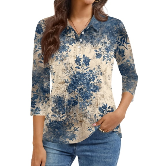 Kixjoy 3/4 Sleeve Shirts for Women Button Down Casual V Neck Sweatshirts Floral Print Plus Size Loose Fit T Shirts Fashion Fall Blouses for Women, Light Blue L